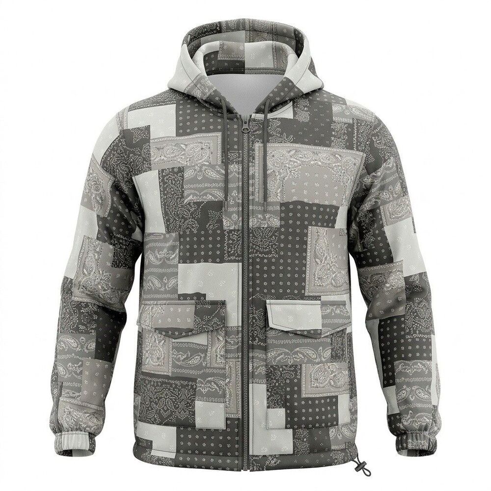 Original Use Black Gray Bandana Patchwork Full Zip Hoodie Jacket Size Small S